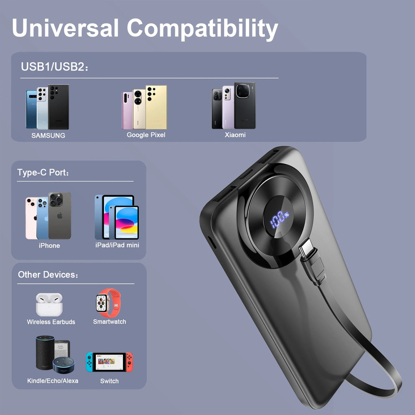 Pictogrammes de compatibilité avec smartphones, tablettes, écouteurs et montres connectées, avec la batterie équipée de sa dragéonne