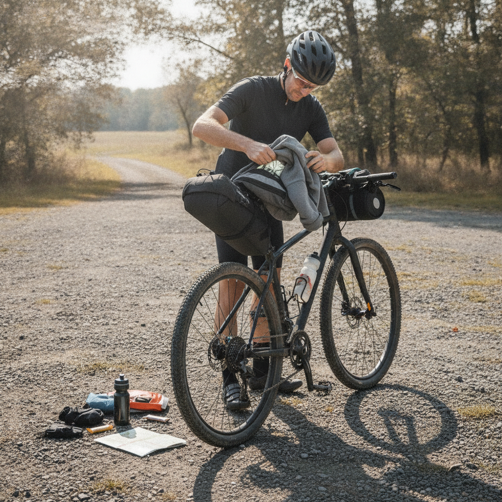 Cycliste rangeant ses affaires dans la sacoche de selle Velotrip lors d'une pause