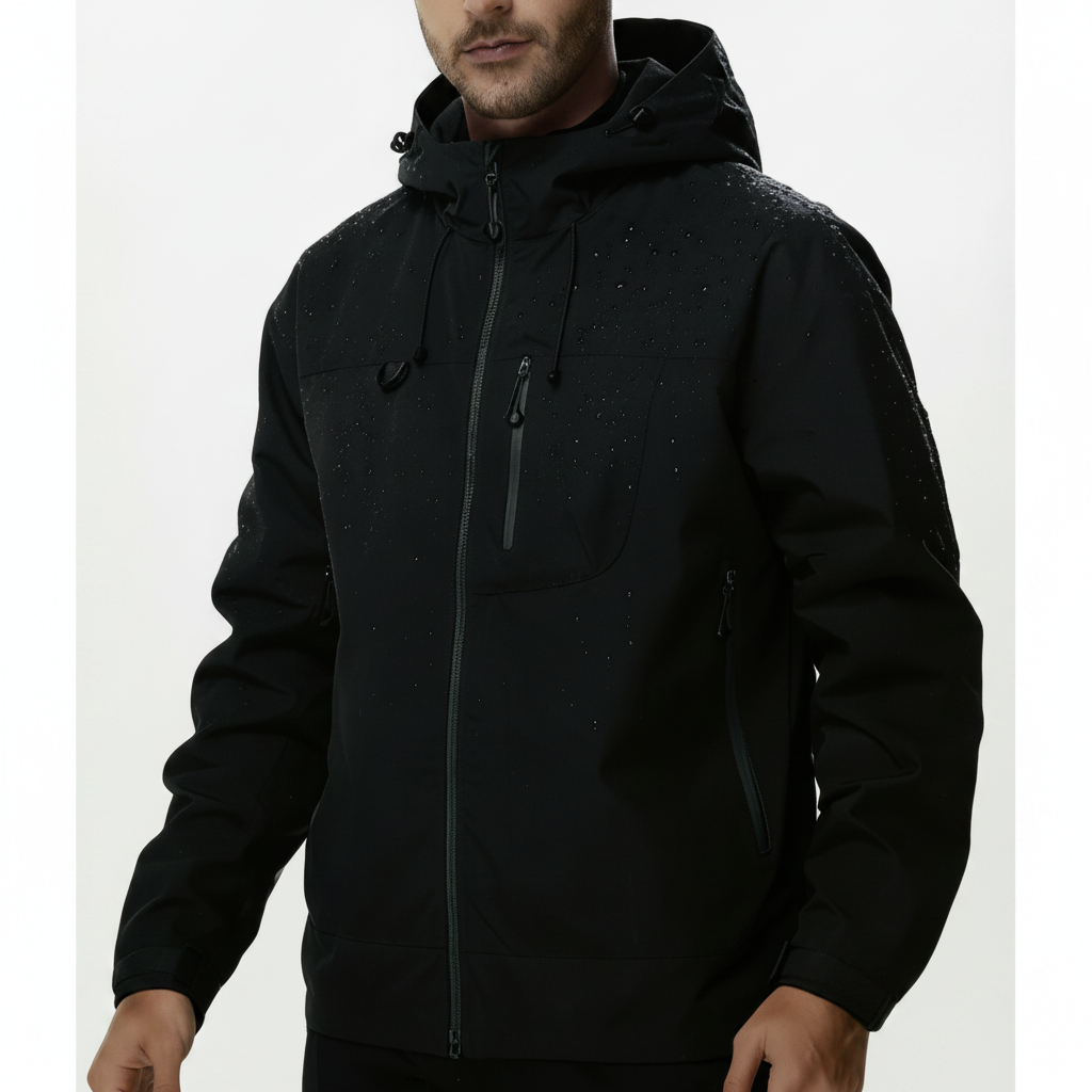 Veste softshell imperméable coloris noir, portée, vue studio rapprochée avec gouttes d'eau sur le tissu