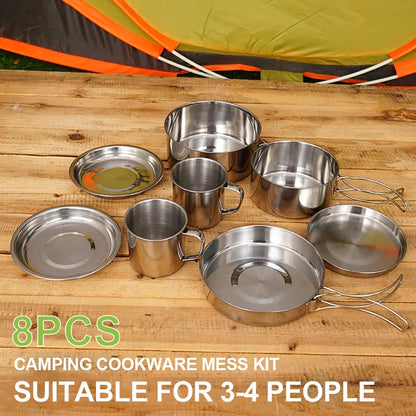 8 pièces devant une tente de camping avec texte : '8PCS Camping Cookware Mess Kit, suitable for 3-4 people'