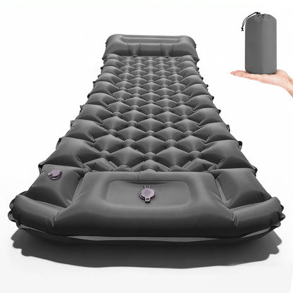 Variante Gris — matelas gonflable gris avec oreiller intégré et sacoche de transport, fond blanc