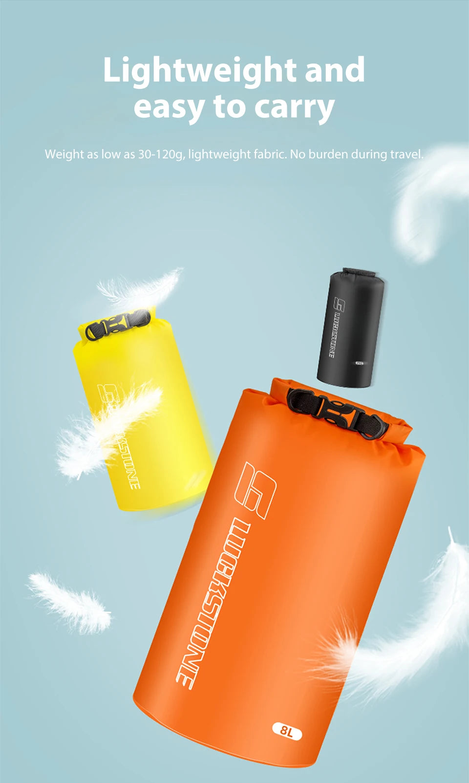 Concept ultra-léger illustré par des plumes aux côtés des sacs jaune 3L et orange 8L