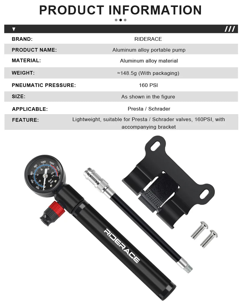 Fiche technique RIDERACE — aluminium, 160 PSI, compatible Presta/Schrader, ≈148,5 g avec emballage, support cadre + vis inclus