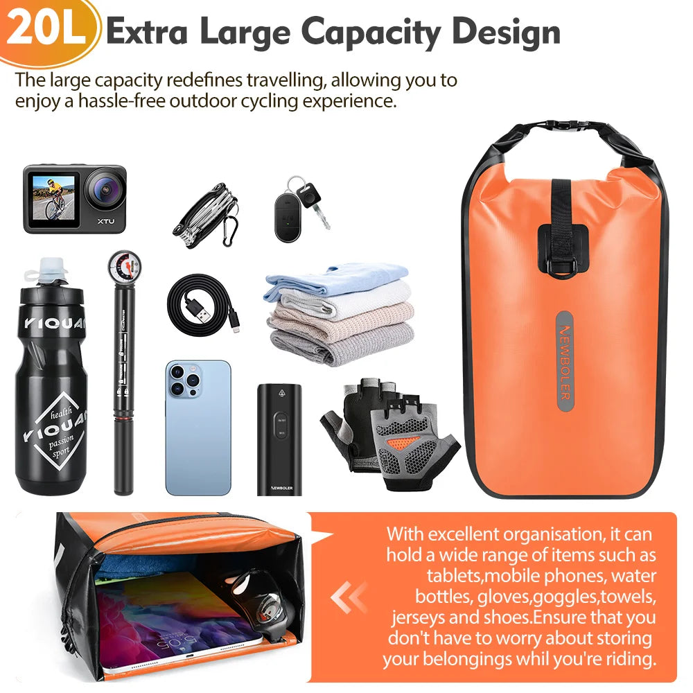 Contenu type pour une capacité de 20L (caméra, gourde, pompe, câble, téléphone, gants, serviettes) à côté de la sacoche orange, avec vue intérieure montrant une tablette rangée