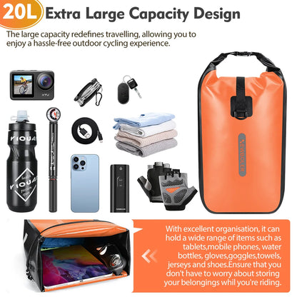 Contenu type pour une capacité de 20L (caméra, gourde, pompe, câble, téléphone, gants, serviettes) à côté de la sacoche orange, avec vue intérieure montrant une tablette rangée