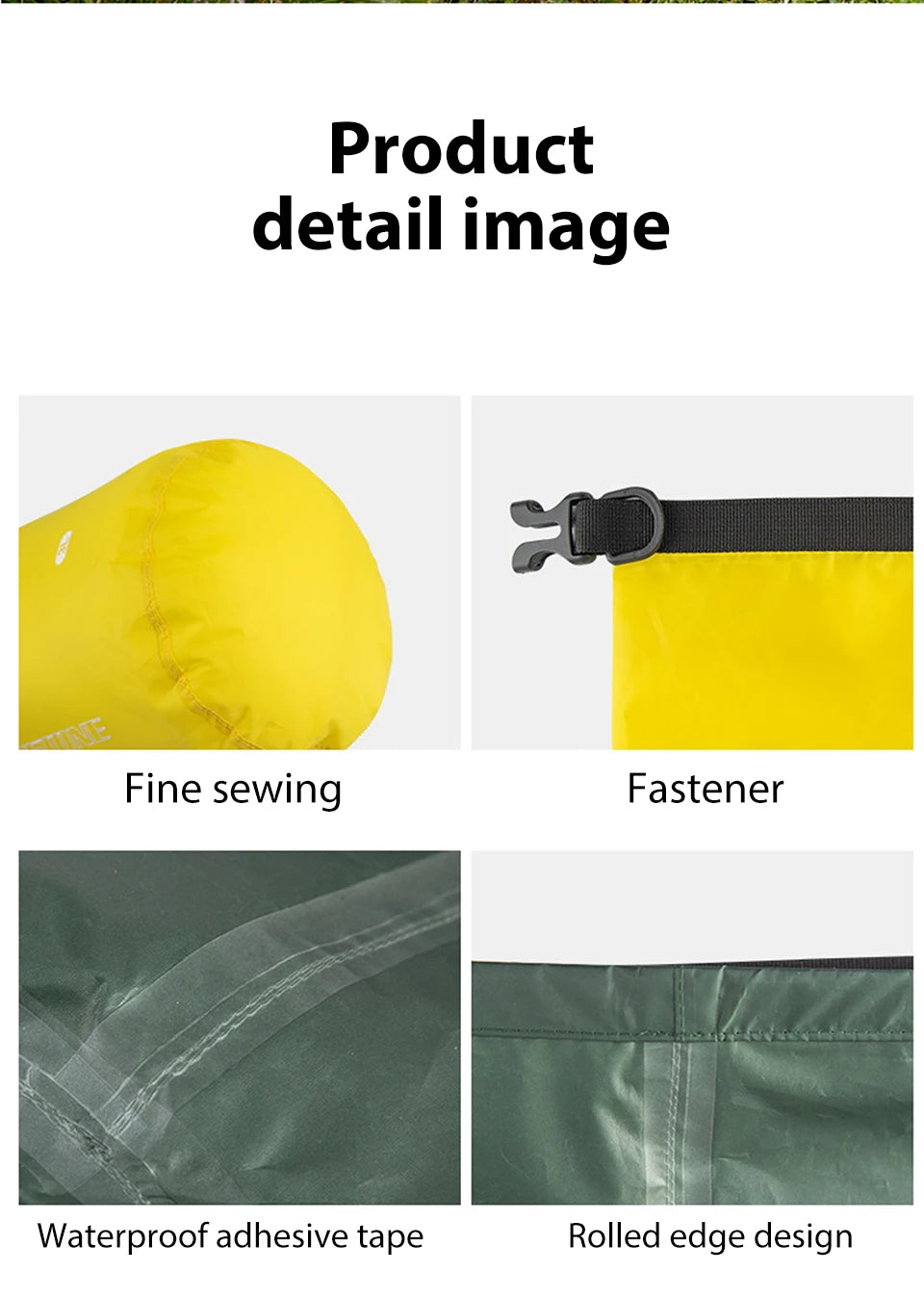 Quatre détails de fabrication en gros plan : coutures renforcées, attache clip, ruban thermosoudé, bord roulé