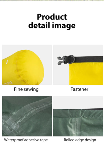 Quatre détails de fabrication en gros plan : coutures renforcées, attache clip, ruban thermosoudé, bord roulé