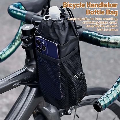 Sacoche sur guidon avec résumé graphique des 4 avantages principaux — Bicycle Handlebar Bottle Bag