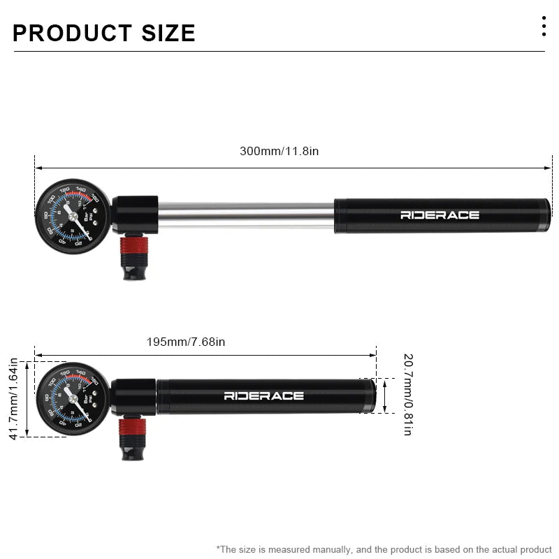 Dimensions RIDERACE — corps 195×20,7 mm, longueur totale tuyau déployé ≈300 mm, manomètre Ø 41,7 mm