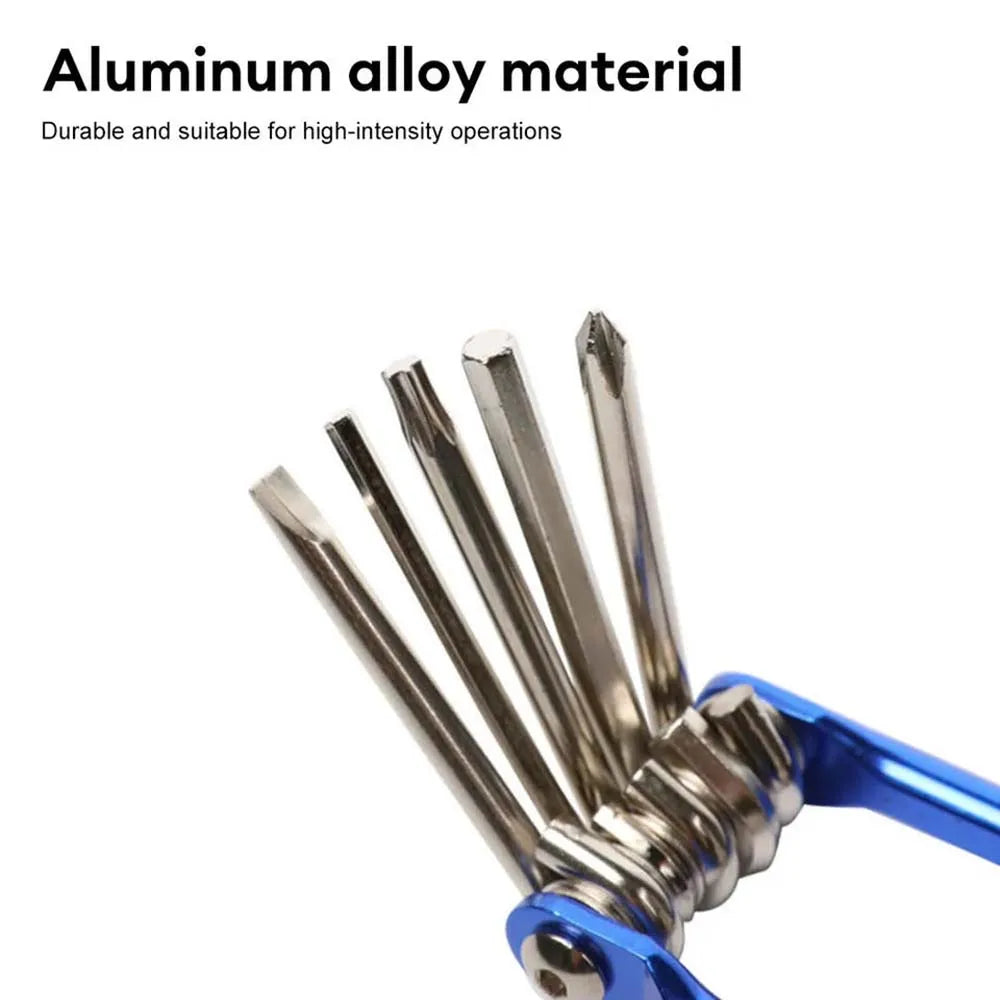 Gros plan des lames en alliage d'aluminium déployées — outil bleu, matériau haute résistance