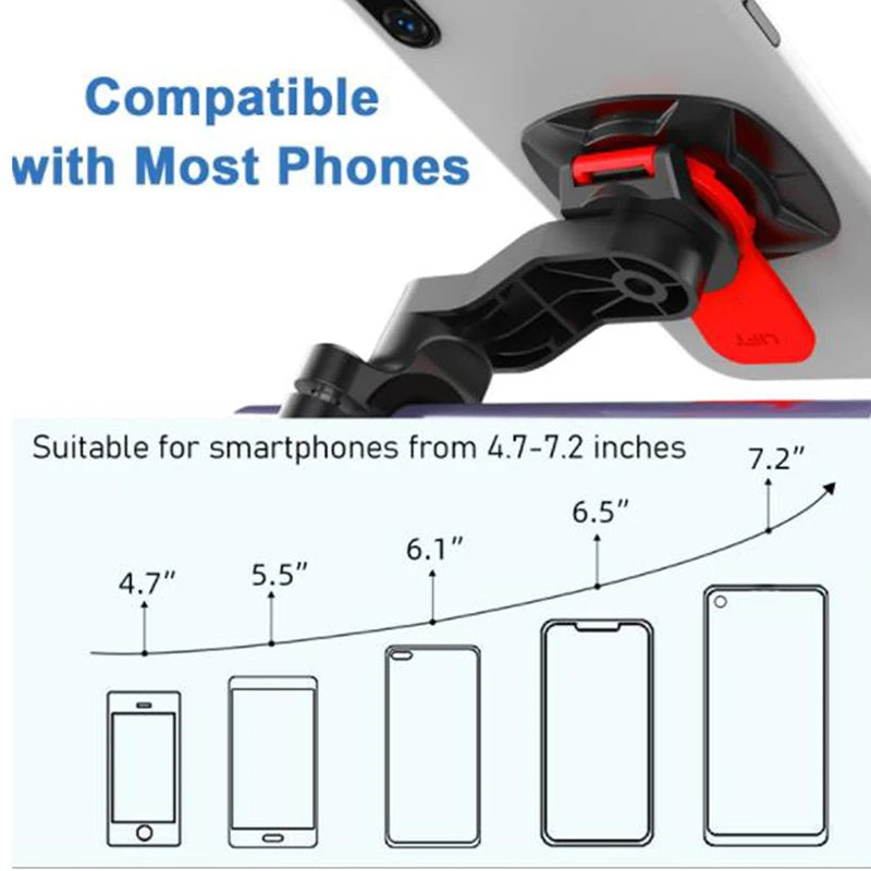 Compatibilité smartphones 4,7 à 7,2 pouces — schéma de 5 tailles croissantes avec le clip rouge visible