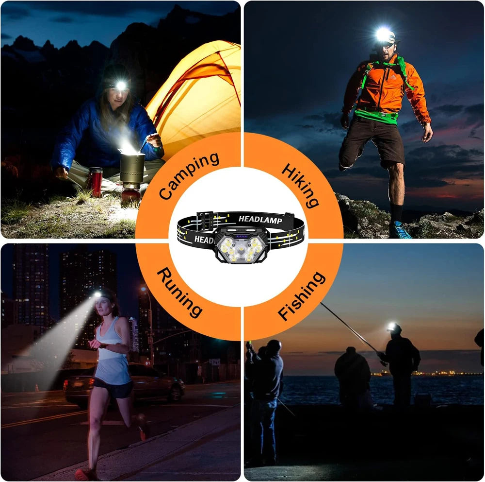 Lampe frontale 9 LED 2000 lumens USB-C — Capteur de mouvement, lumière rouge, IPX5
