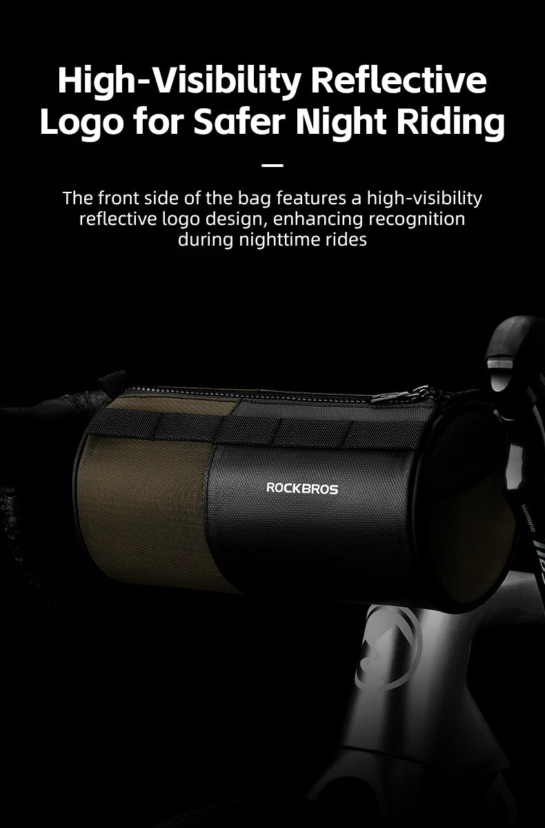High-Visibility Reflective Logo for Safer Night Riding — sacoche ROCKBROS kaki/noir sur guidon, logo réfléchissant face avant visible de nuit