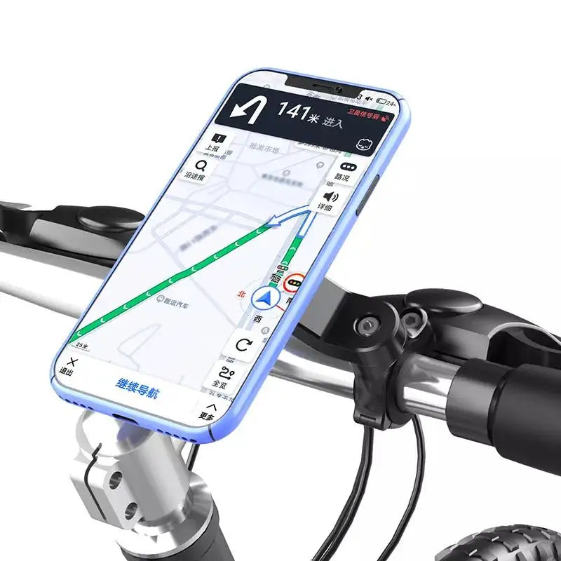 Smartphone affichant une application GPS monté sur guidon de VTT — vue en angle depuis la position du cycliste