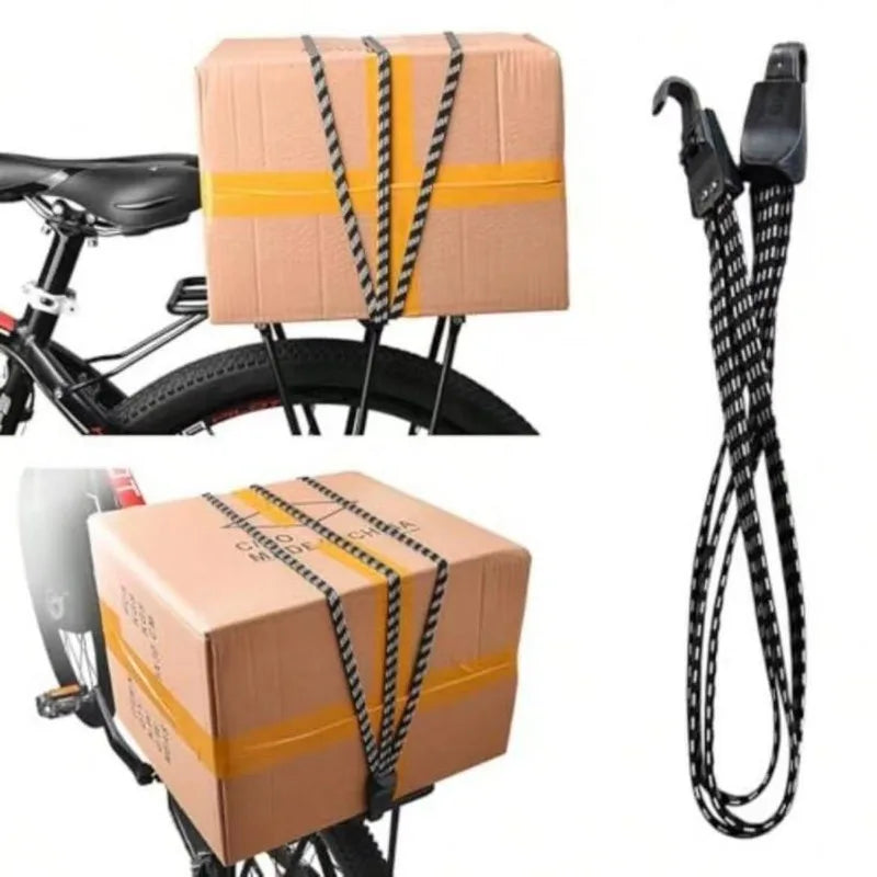 Sandow élastique noir/blanc fixé sur porte-bagage avec carton — 2 vues d'usage + sandow replié seul