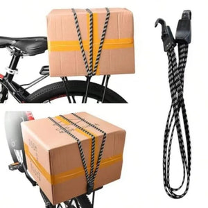 Sandow élastique noir/blanc fixé sur porte-bagage avec carton — 2 vues d'usage + sandow replié seul