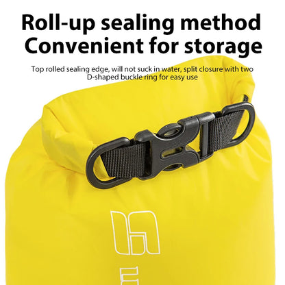 Gros plan sur la fermeture roll-top et l'anneau D en boucle clip — sac jaune