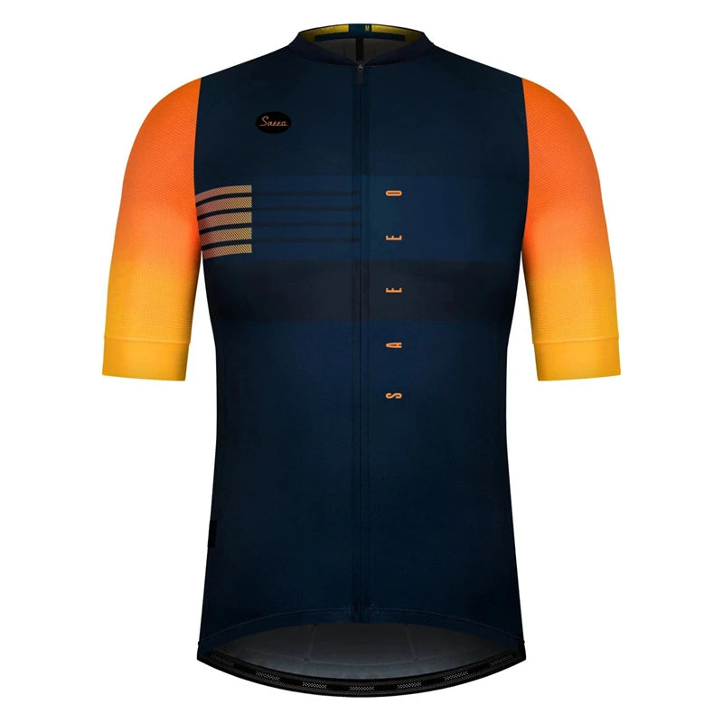 Maillot cyclisme homme coloris marine avec manches orange vif dégradées
