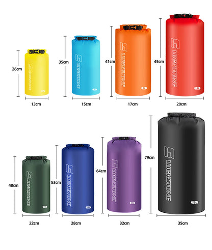 Schéma de comparaison des 8 volumes (3L à 75L) avec silhouette à l'échelle