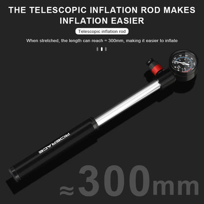 Tige télescopique ≈300 mm — pompe RIDERACE dépliée sur fond sombre, longueur totale affichée pour un gonflage plus ample
