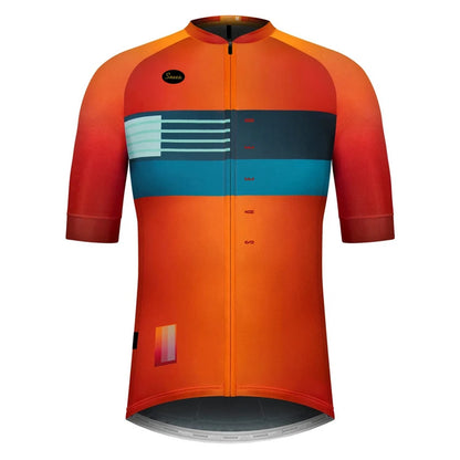 Maillot cyclisme homme coloris orange-rouge avec bande teal et dégradé sur les manches