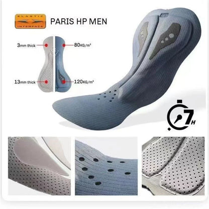 Fiche pad Elastic Interface PARIS HP Men — double densité 3mm/80kg·m⁻³ et 13mm/120kg·m⁻³, badge 7h, perforations ventilation, 3 zooms détail