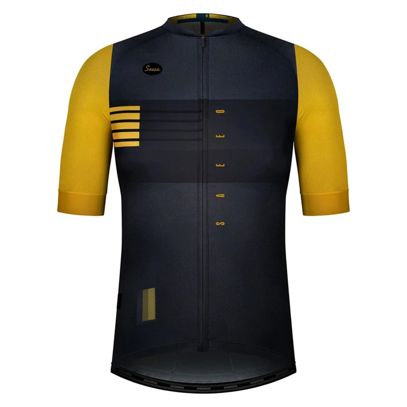 Maillot cyclisme homme coloris marine avec manches jaune doré dégradées