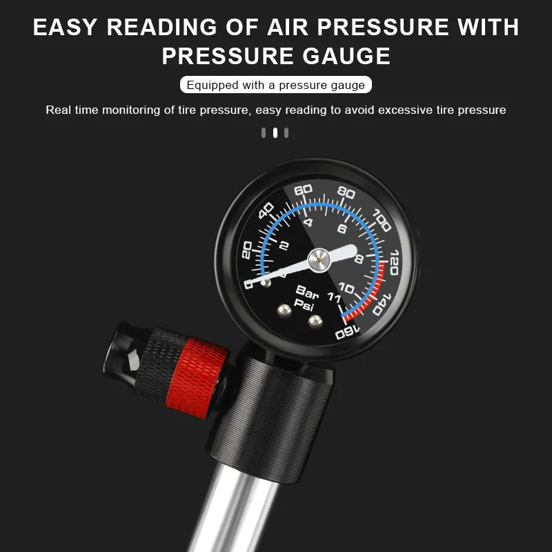 Zoom manomètre analogique RIDERACE 0–160 PSI / 0–11 bar — double échelle Bar et PSI, aiguille précise, embout AV/FV rouge visible