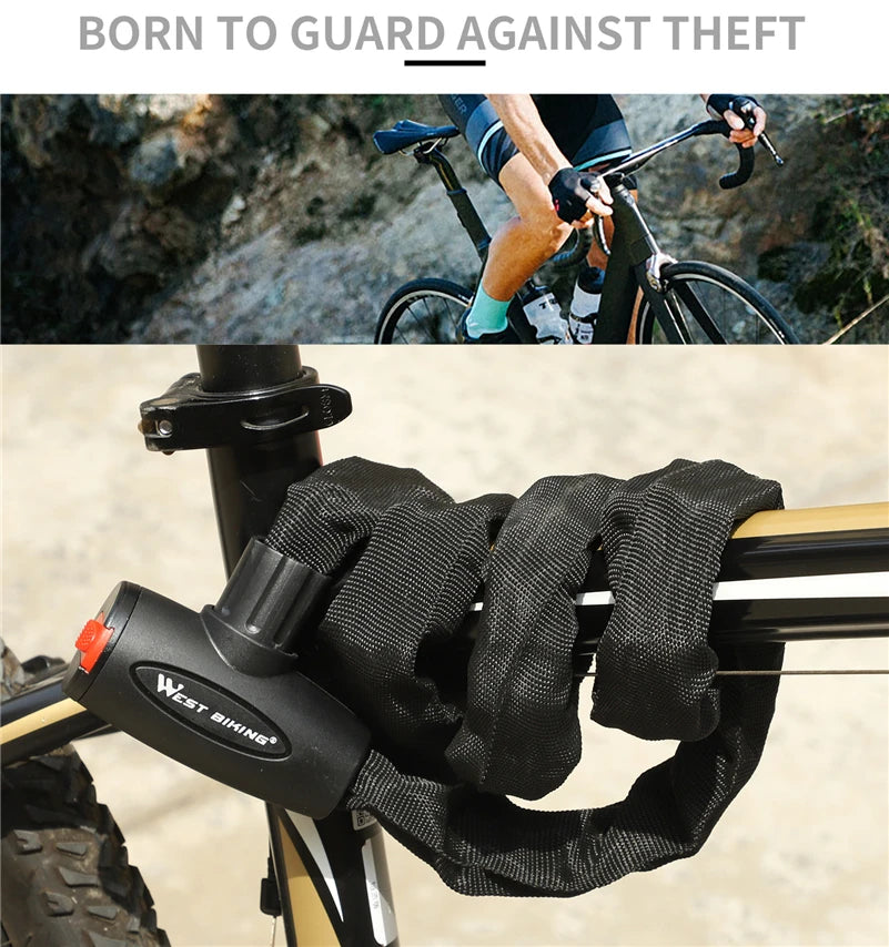 Antivol chaîne enroulé autour de la tige de selle et du triangle arrière d'un vélo au cadre noir et doré