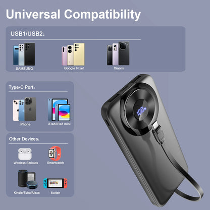 Pictogrammes de compatibilité avec smartphones, tablettes, écouteurs et montres connectées, avec la batterie équipée de sa dragéonne