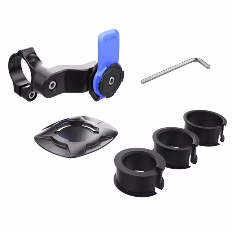 Variante Sky Blue — contenu du kit : support guidon noir avec clip bleu ciel, bague, 3 anneaux réducteurs et clé Allen