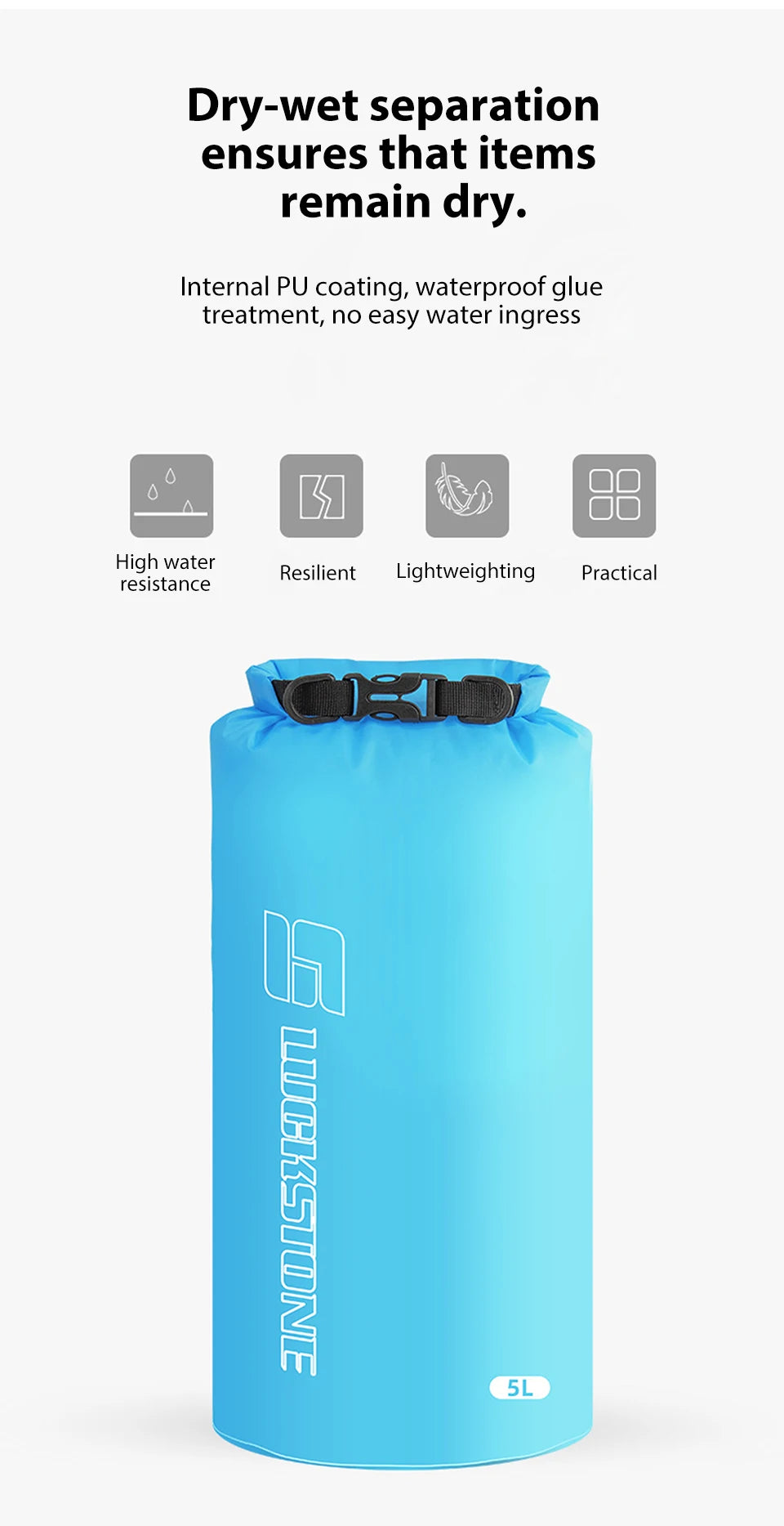 Sac étanche bleu 5L avec icônes des 4 caractéristiques clés : imperméable, résistant, léger, pratique