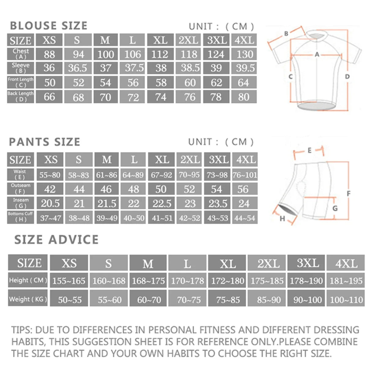 Guide des tailles cuissard RVOUEI XS–4XL — tableau tour de taille et hauteur/poids en cm, prévoir une taille au-dessus des standards européens