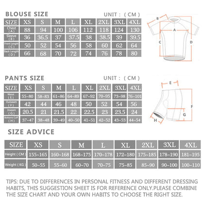 Guide des tailles cuissard RVOUEI XS–4XL — tableau tour de taille et hauteur/poids en cm, prévoir une taille au-dessus des standards européens