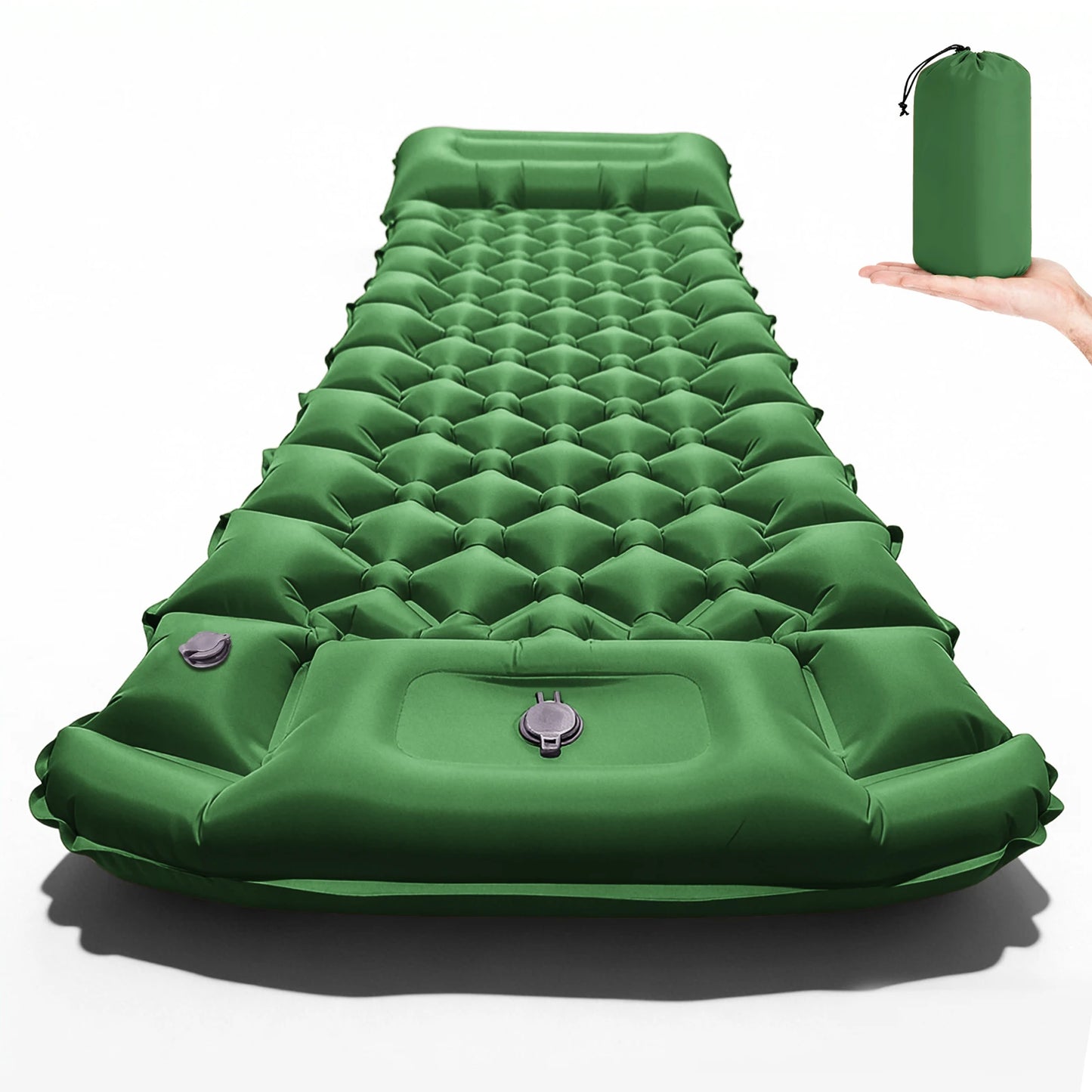 Variante Vert armée — matelas gonflable vert armée avec oreiller intégré et sacoche de transport, fond blanc