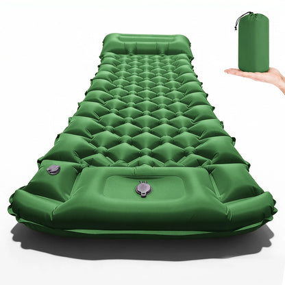 Variante Vert armée — matelas gonflable vert armée avec oreiller intégré et sacoche de transport, fond blanc
