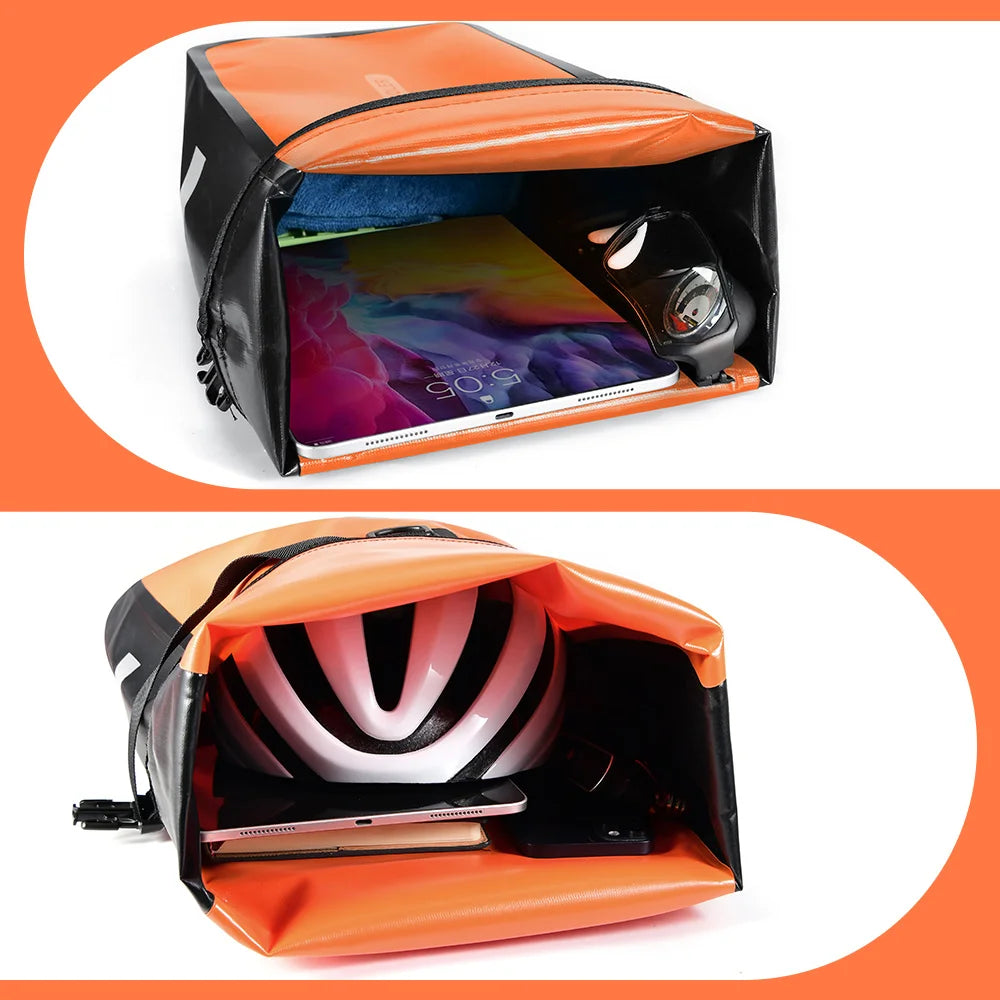 Intérieur de la sacoche montrant une tablette, une serviette et une lampe frontale rangées, et un second exemple avec casque, tablette et téléphone