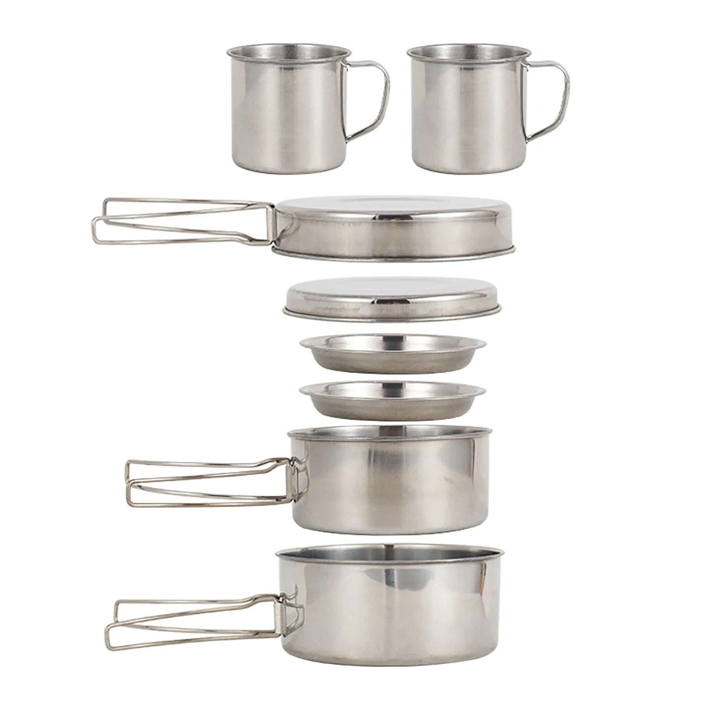 Vue éclatée du kit 8 pièces inox sur fond blanc : 2 casseroles avec poignées pliables, 1 poêle, 2 assiettes, 1 plat plat, 2 tasses