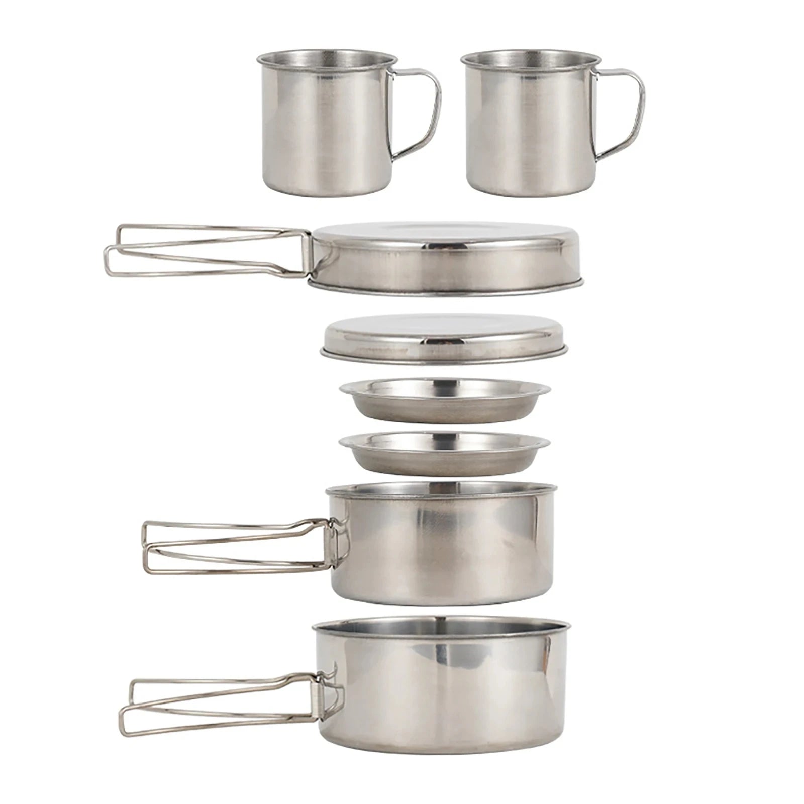 Vue éclatée du kit 8 pièces inox sur fond blanc : 2 casseroles avec poignées pliables, 1 poêle, 2 assiettes, 1 plat plat, 2 tasses