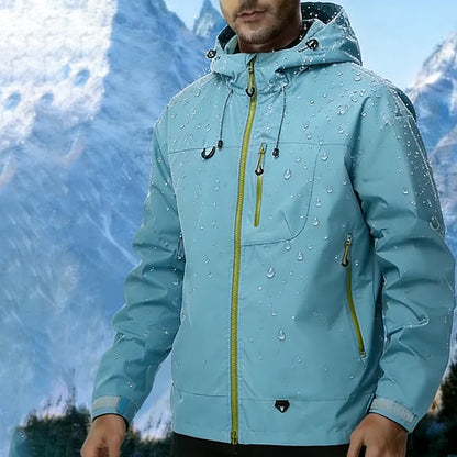 Veste softshell Light Green face — vue alternative avec gouttes d'eau et fond montagne