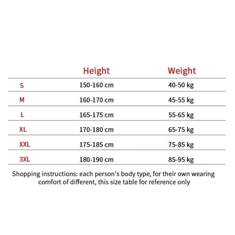 Tableau de tailles veste softshell — Height/Weight de S (150-160cm/40-50kg) à 3XL (180-190cm/85-95kg)