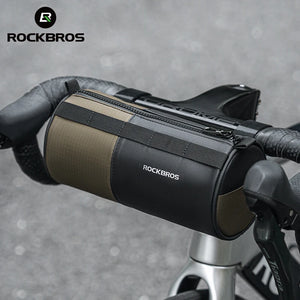 Sacoche de guidon ROCKBROS 1,7L bicolore noir/kaki montée sur cintre de vélo de route — vue de côté, logo réfléchissant ROCKBROS en face avant