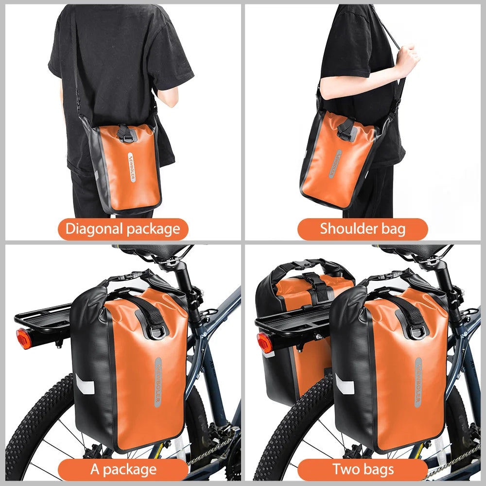 Quatre modes de portage : en bandoulière croisée, en sac à l'épaule, une sacoche seule sur porte-bagage, deux sacoches sur porte-bagage
