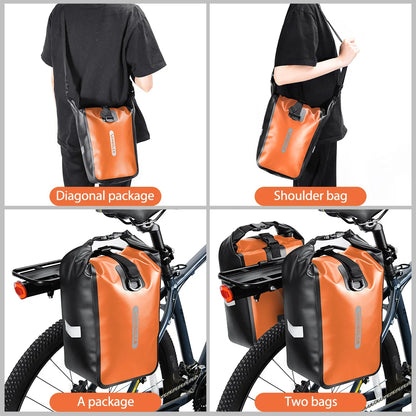 Quatre modes de portage : en bandoulière croisée, en sac à l'épaule, une sacoche seule sur porte-bagage, deux sacoches sur porte-bagage