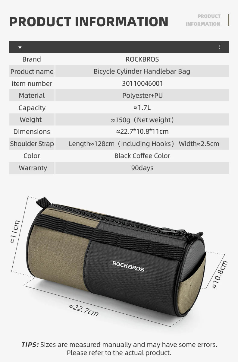 Fiche technique officielle ROCKBROS — Polyester+PU, 1,7L, 150g, 22,7×10,8×11cm, sangle 128cm/2,5cm, garantie 90 jours, avec diagramme dimensions