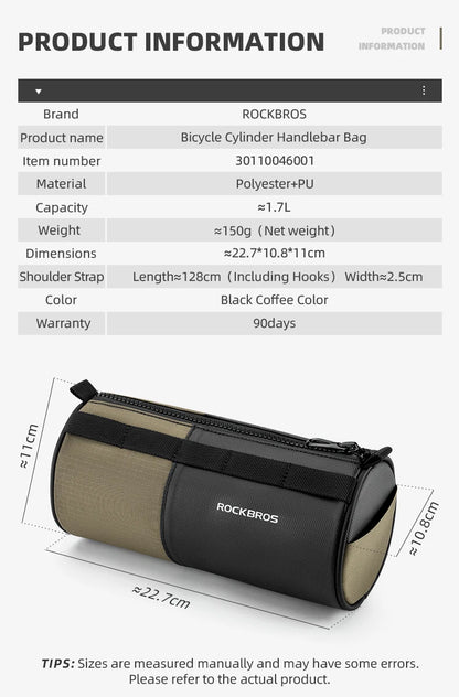 Fiche technique officielle ROCKBROS — Polyester+PU, 1,7L, 150g, 22,7×10,8×11cm, sangle 128cm/2,5cm, garantie 90 jours, avec diagramme dimensions