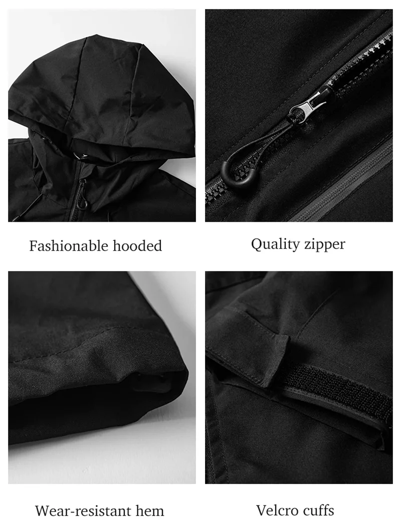 4 zooms construction veste noire : capuche coupe-vent, zip qualité ouvert, ourlet résistant, manchettes velcro
