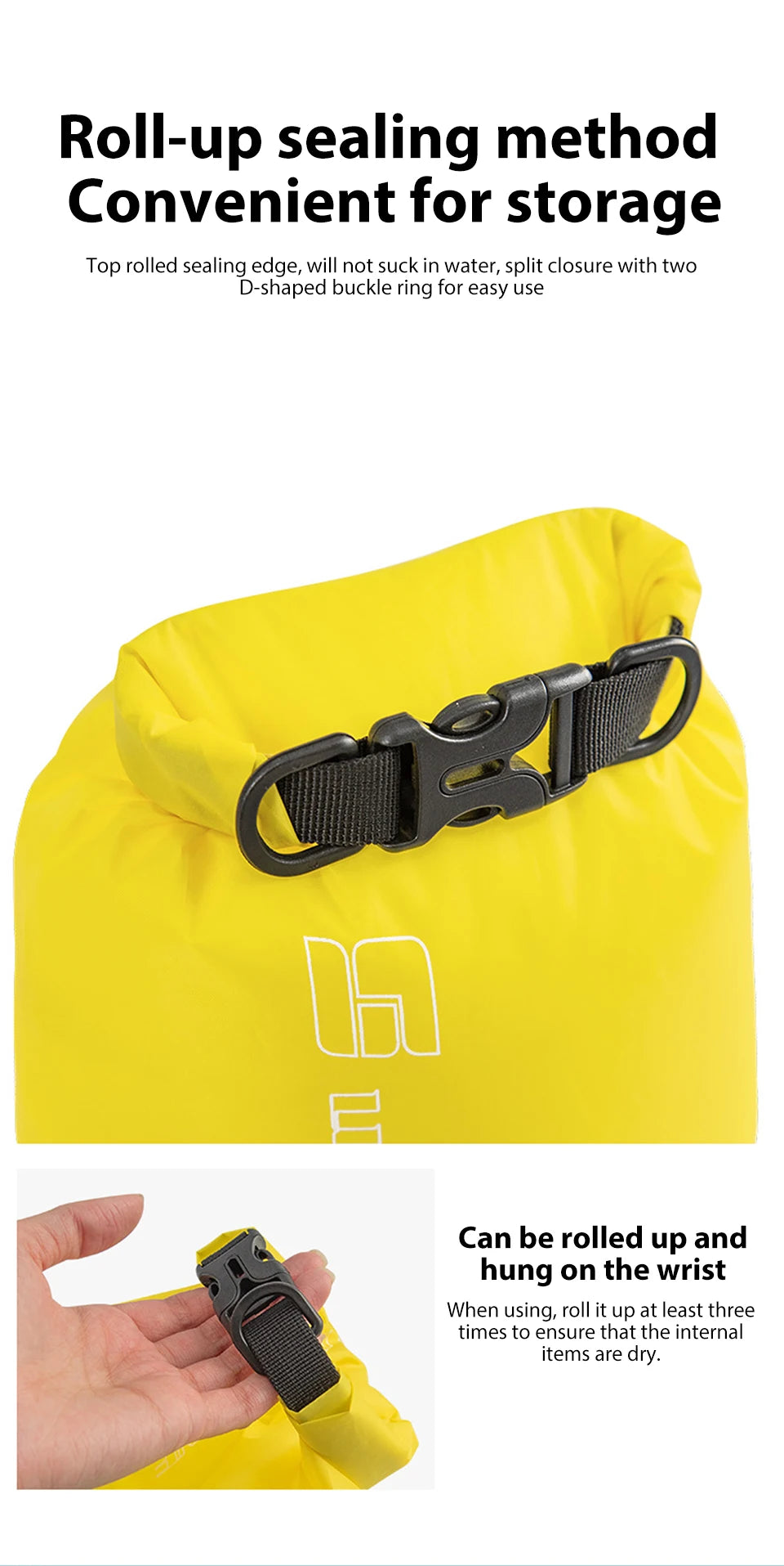 Détail de la fermeture roll-top et de l'anneau de poignet — sac jaune, deux plans rapprochés