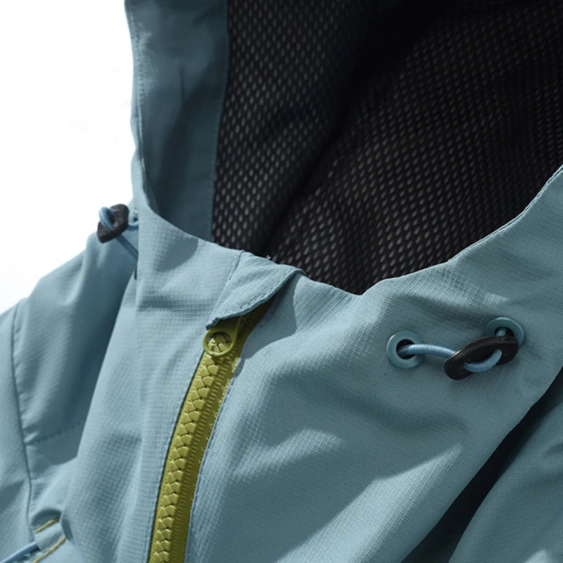 Zoom col et capuche veste Light Green (vue alternative) — zip jaune, cordon, doublure maille intérieure