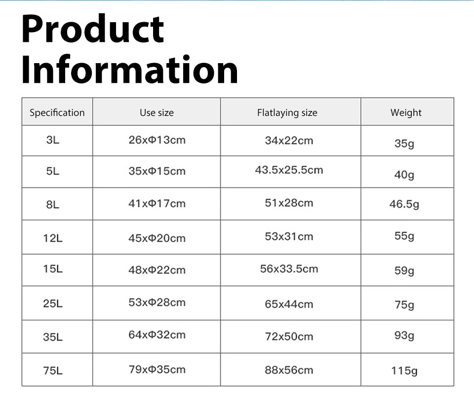 Tableau des dimensions et poids par taille : de 35 g pour le 3L à 115 g pour le 75L